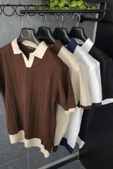 Premium Ribbed Polo Knit T-Shirt – Contrast Collar Design